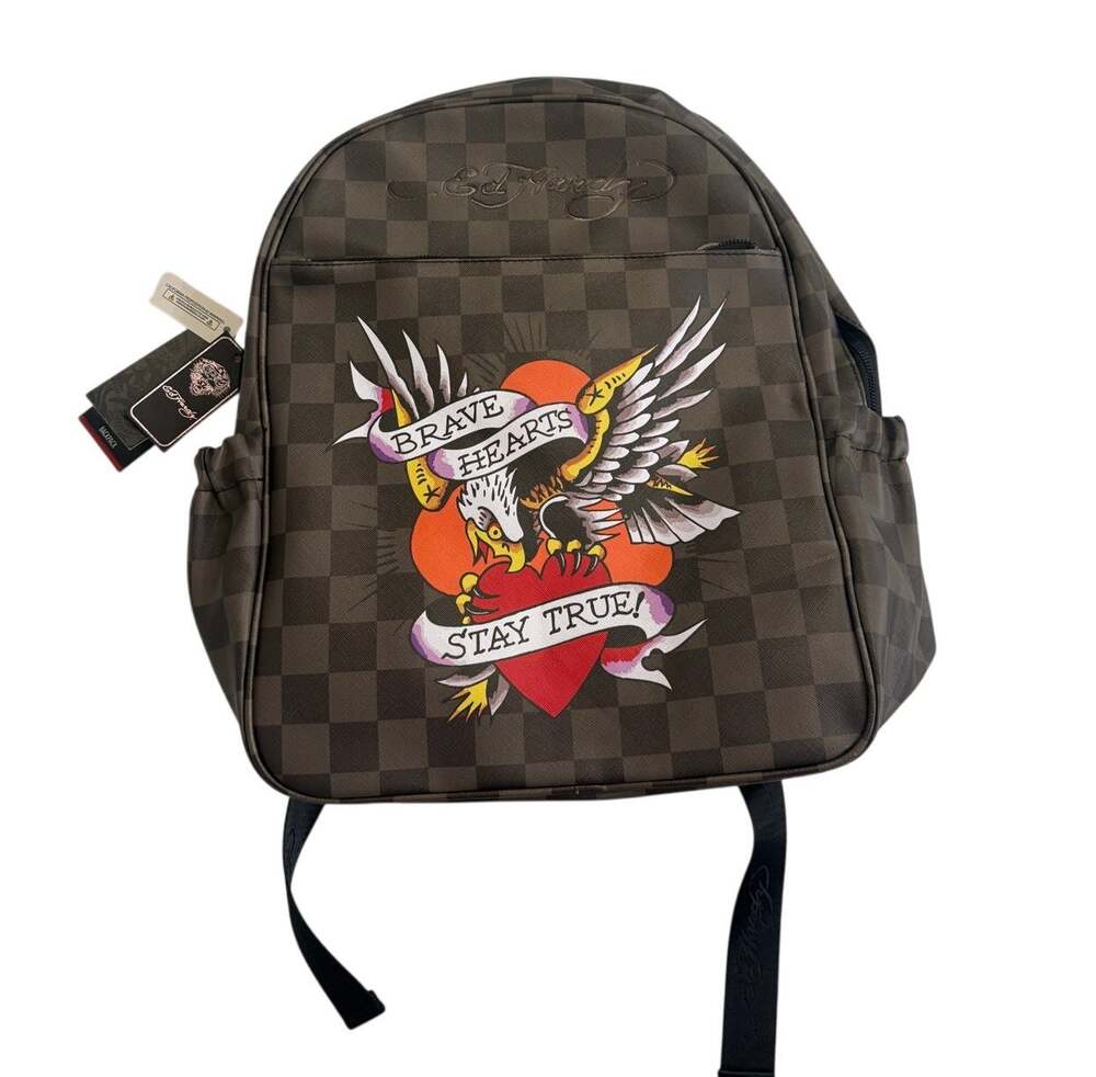 Ed Hardy Backpack Checkered Brown Brave Hearts Stay True Leather NWT